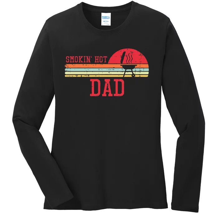 Smokin Hot Dad Chest Sunset Retro Grill Bbq Daddy Papa Ladies Long Sleeve Shirt