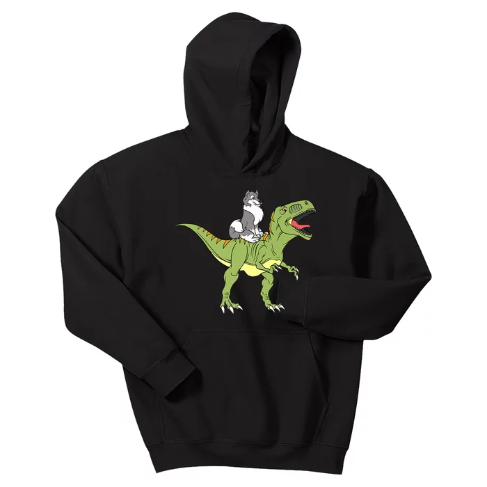 Siberian Husky Dog Riding Dinosaur Trex Funny Pug Lover Premium Kids Hoodie