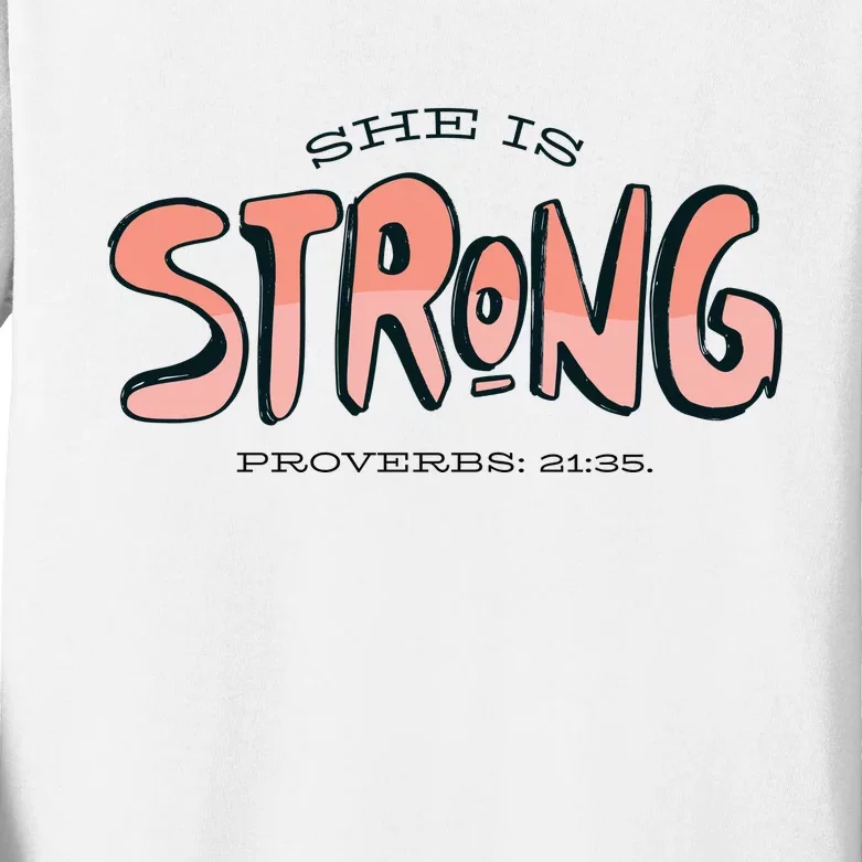 She Is Strong Bible Verse Kids Long Sleeve Shirt