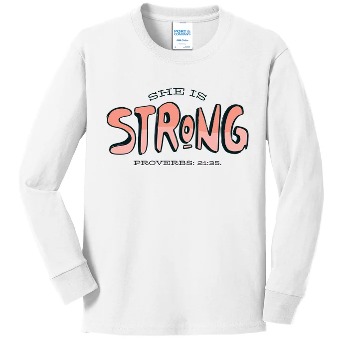 She Is Strong Bible Verse Kids Long Sleeve Shirt