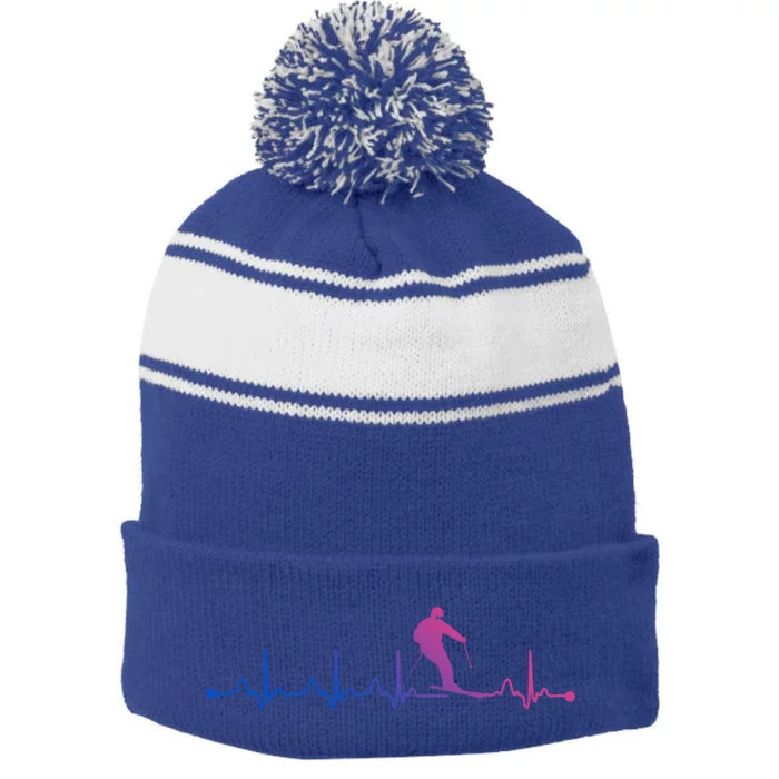 Skiing Heartbeat Ekg Skiing Coach Gift Stripe Pom Pom Beanie