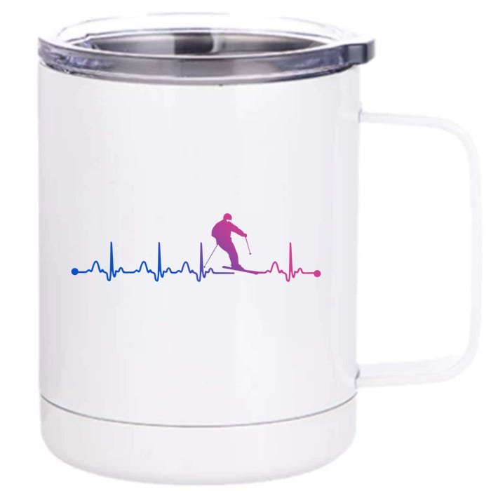 Skiing Heartbeat Ekg Skiing Coach Gift Front & Back 12oz Stainless Steel Tumbler Cup