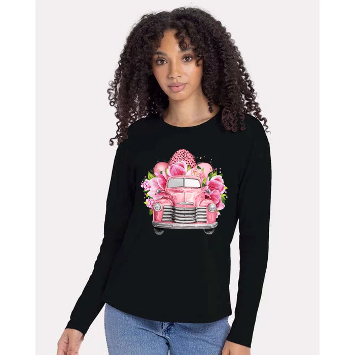 Spring Happy Easter Pink Vintage Truck Womens Cotton Relaxed Long Sleeve T-Shirt