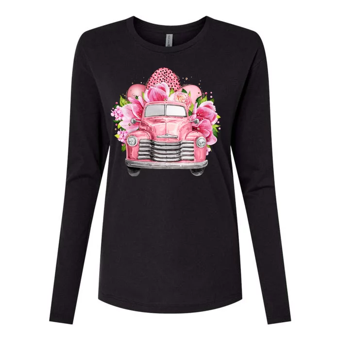 Spring Happy Easter Pink Vintage Truck Womens Cotton Relaxed Long Sleeve T-Shirt