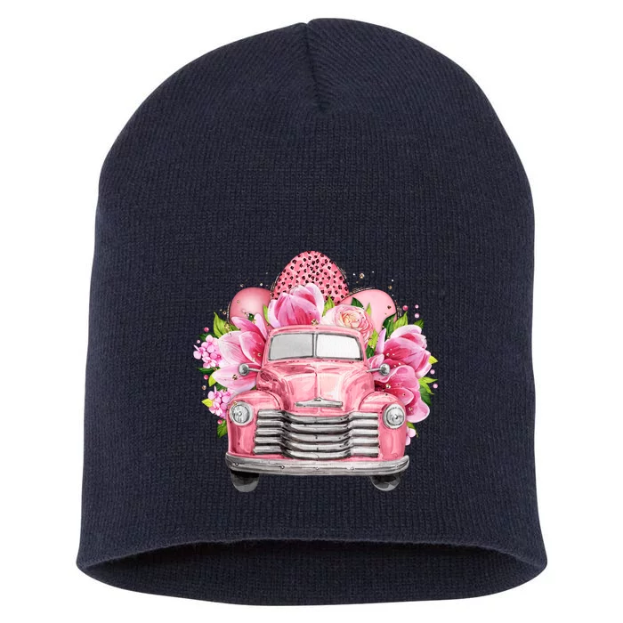 Spring Happy Easter Pink Vintage Truck Short Acrylic Beanie