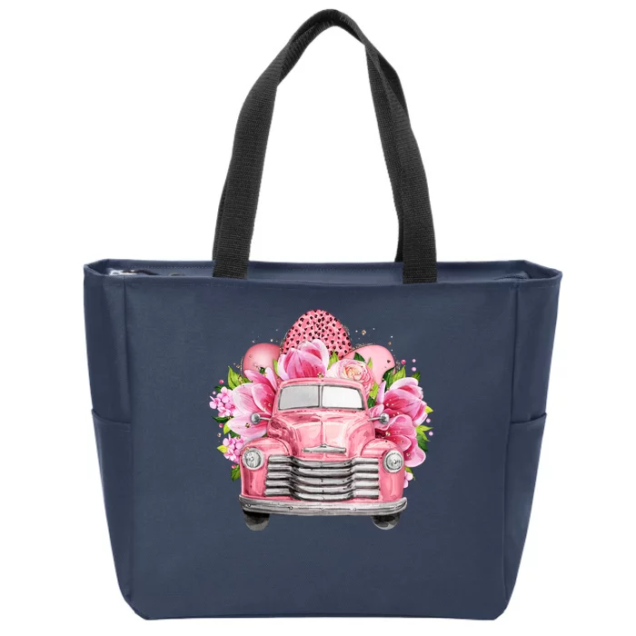 Spring Happy Easter Pink Vintage Truck Zip Tote Bag