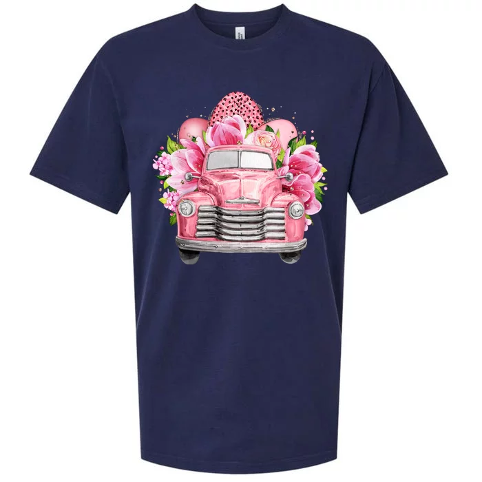 Spring Happy Easter Pink Vintage Truck Sueded Cloud Jersey T-Shirt