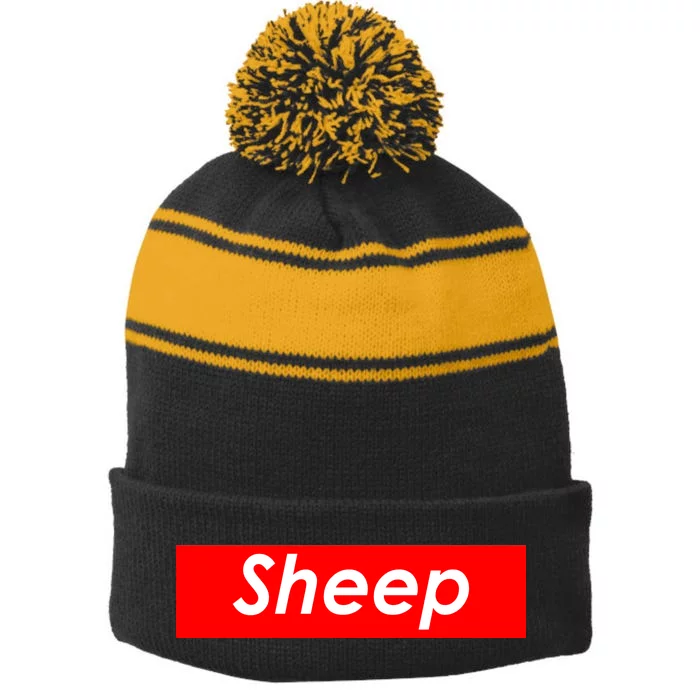 Sheep Red Box Logo Stripe Pom Pom Beanie