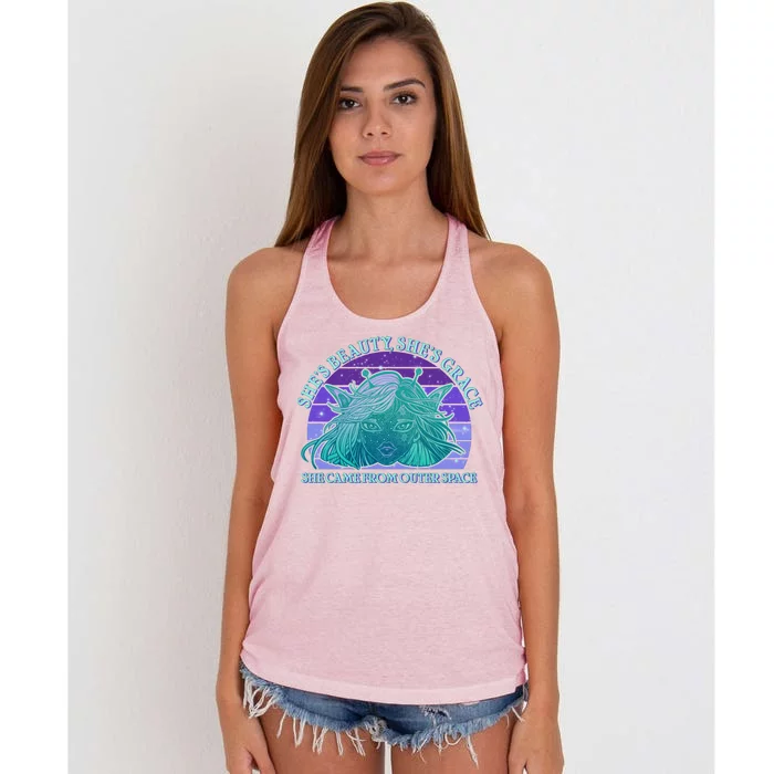 She's Beauty She's Grace She Came From Outer Space Women's Knotted Racerback Tank