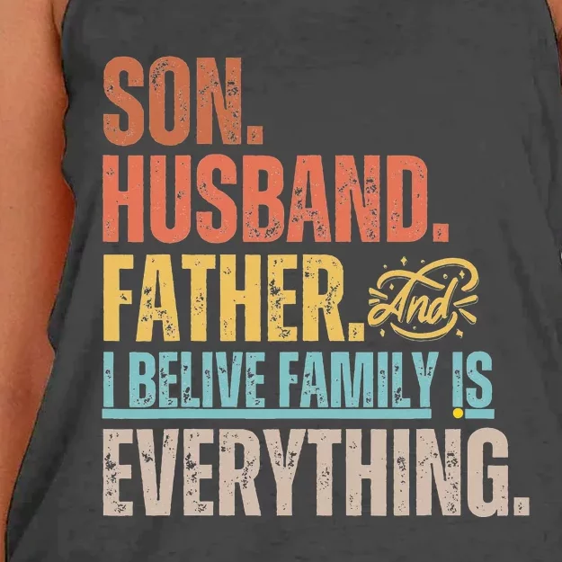 Son Husband Father and I believe Family is everything Women's Knotted Racerback Tank