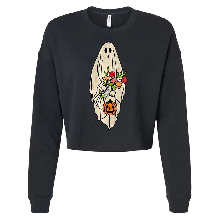 Spooky Halloween Floral Ghost Cropped Pullover Crew