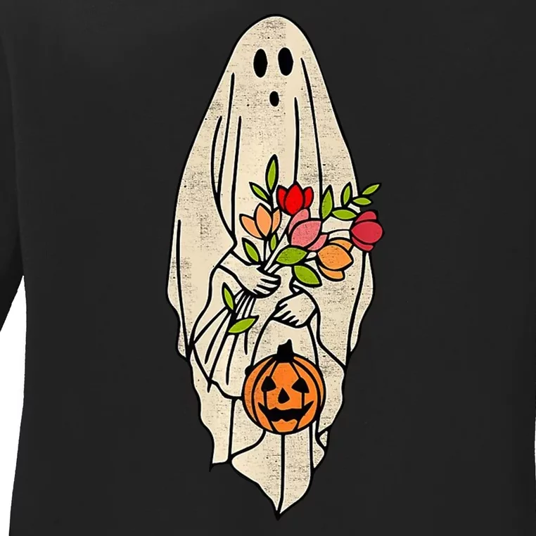 Spooky Halloween Floral Ghost Ladies Long Sleeve Shirt