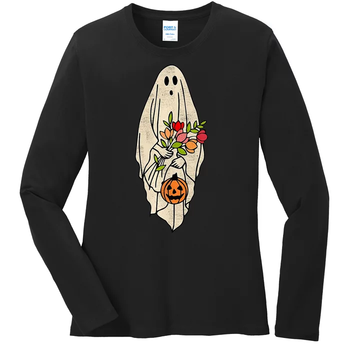 Spooky Halloween Floral Ghost Ladies Long Sleeve Shirt