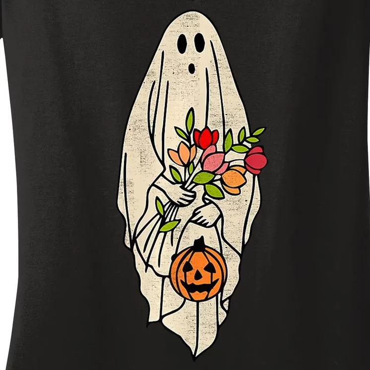 Spooky Halloween Floral Ghost Women's V-Neck T-Shirt