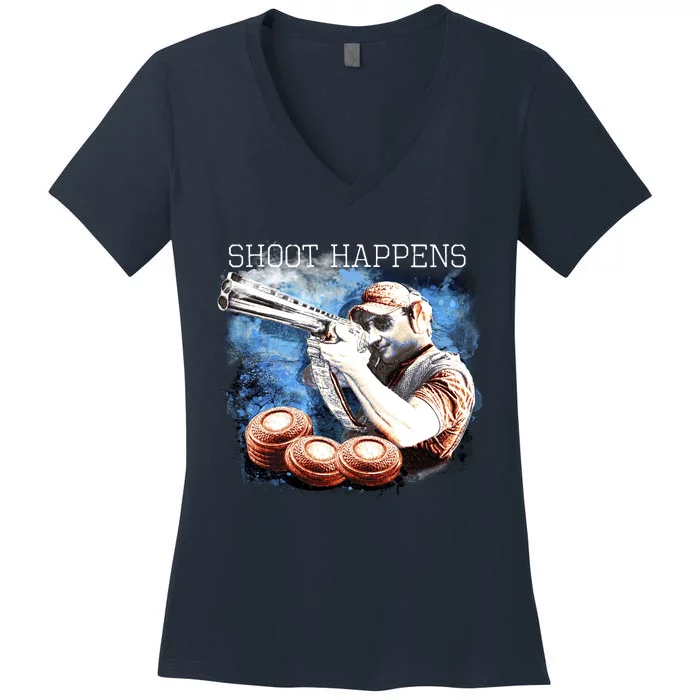 Shoot Happens Funny Trap Shooting Women's V-Neck T-Shirt