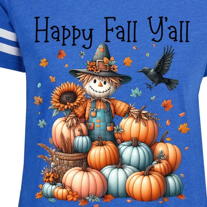 Scarecrow Happy Fall YAll Pumpkin Thanksgiving Halloween Gift Enza Ladies Jersey Football T-Shirt