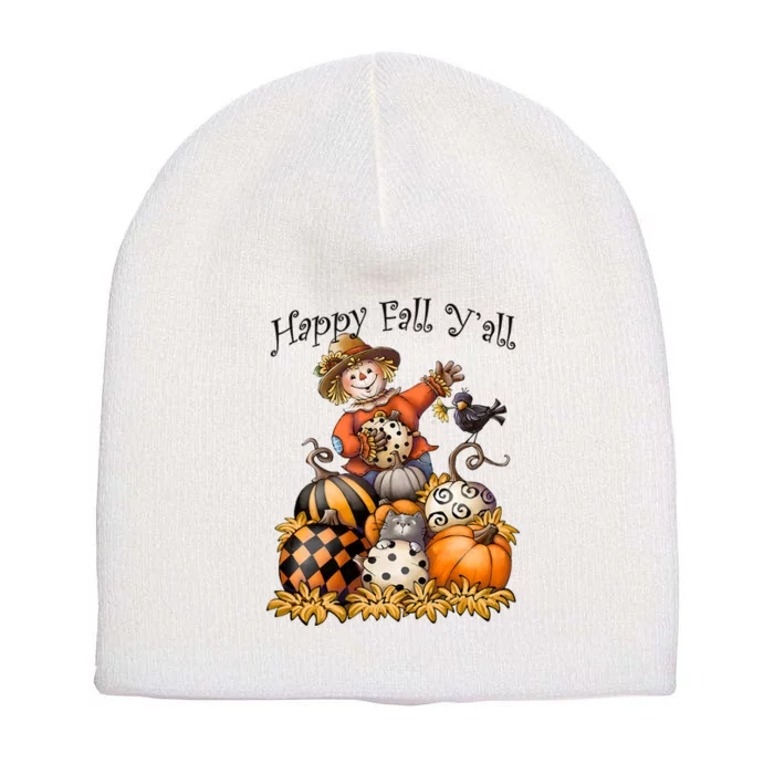 Scarecrow Happy Fall Y'all Pumpkin Thanksgiving Halloween Short Acrylic Beanie