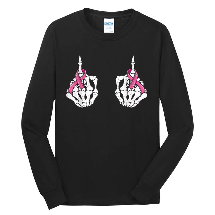 Skeleton Hand Fuck Cancer Pink Funny Breast Cancer Awareness Tall Long Sleeve T-Shirt