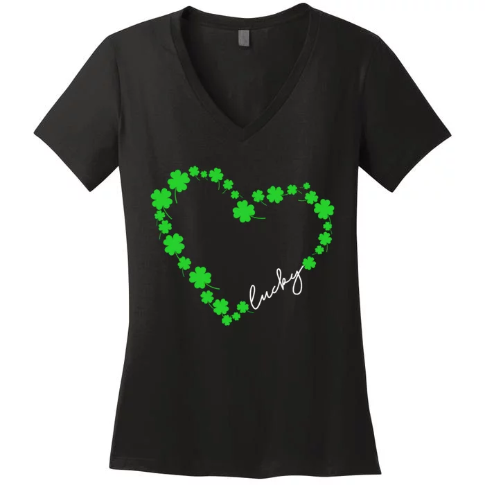 Shamrock Heart Four Leaf Clover Lucky St Patricks Day Women's V-Neck T-Shirt