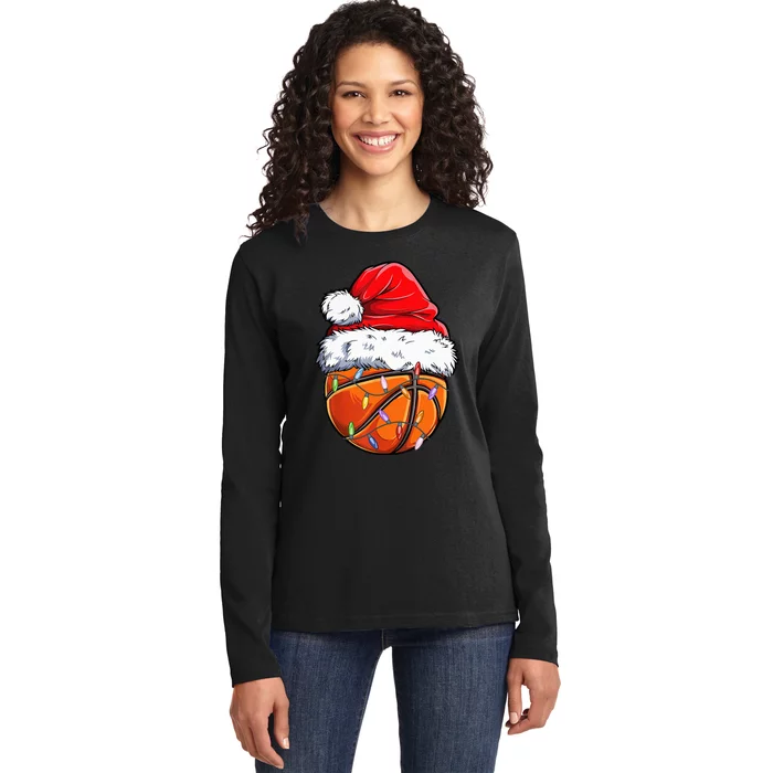 Santa Hat for Basketball Fans Hilarious Christmas Gift Ladies Long Sleeve Shirt