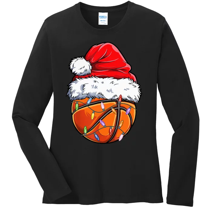 Santa Hat for Basketball Fans Hilarious Christmas Gift Ladies Long Sleeve Shirt