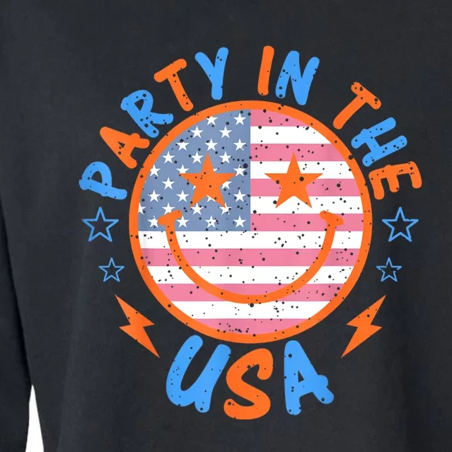 Smile Happy Face Party In The USA American Flag 4th Of July Cropped Pullover Crew