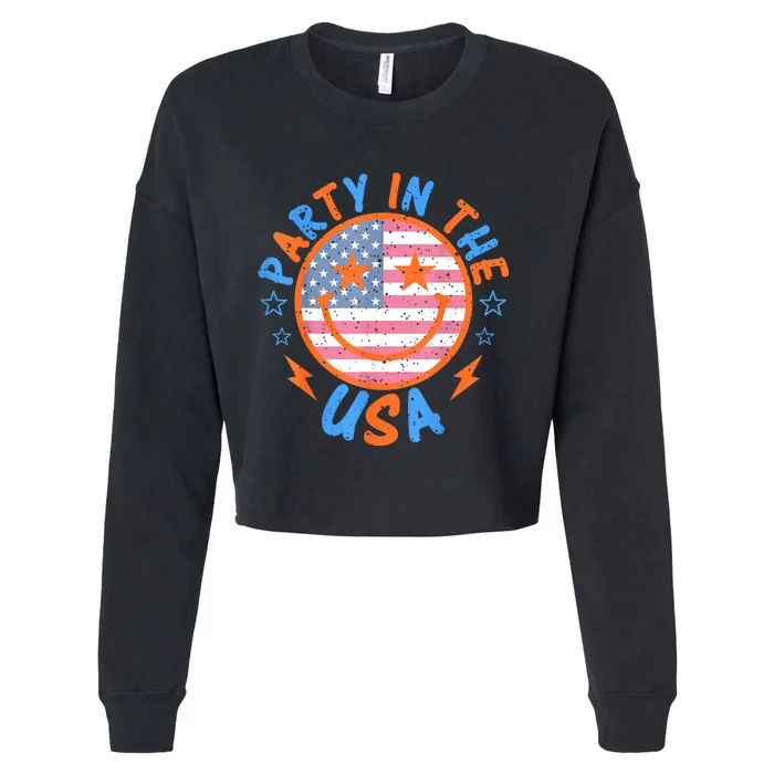 Smile Happy Face Party In The USA American Flag 4th Of July Cropped Pullover Crew