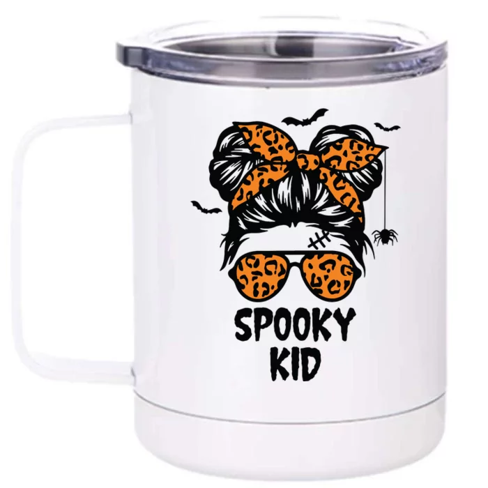 Spooky Halloween For Girl Messy Bun Leopard Front & Back 12oz Stainless Steel Tumbler Cup