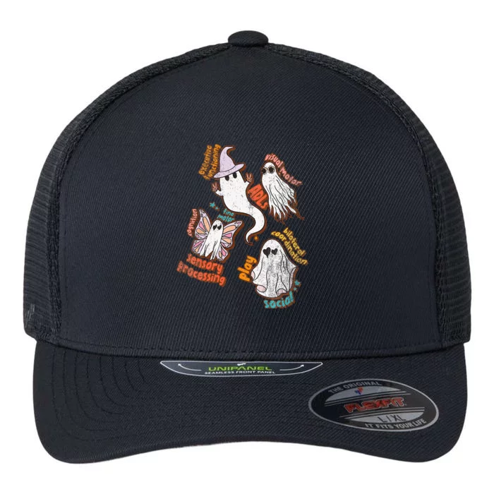 Spooky Halloween Ghost Friends OT Scope Occupational Therapy Flexfit Unipanel Trucker Cap