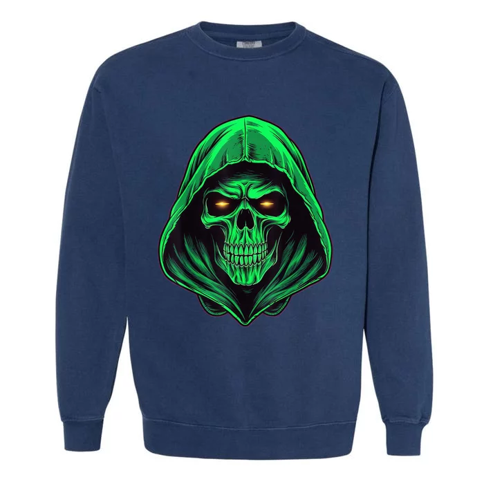 Scary Hooded Green Skull Head Creepy Halloween Costume Garment-Dyed Sweatshirt