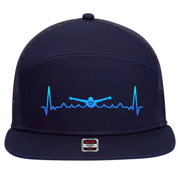 Swimming Heartbeat Gift For Swimmer Dad Gift 7 Panel Mesh Trucker Snapback Hat