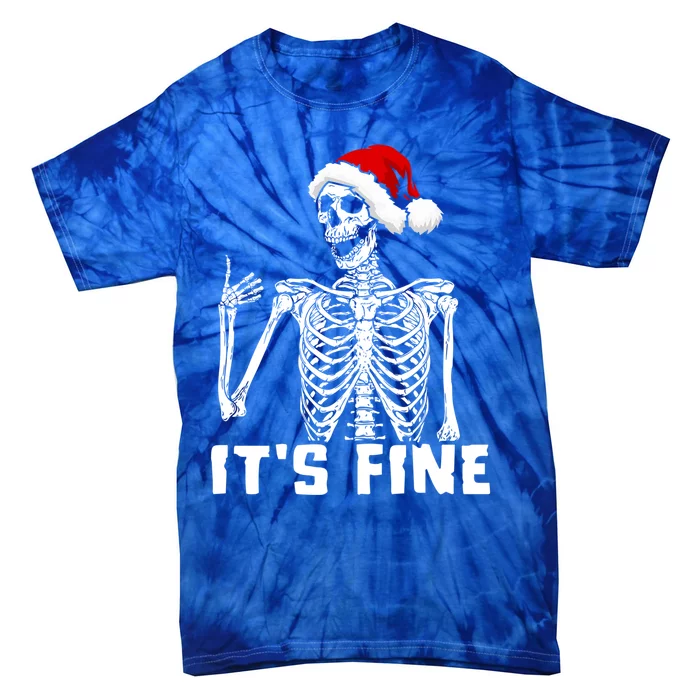 Skeleton Hand Gesture Thumb Up Christmas Hat Its Fine Funny Gift Tie-Dye T-Shirt