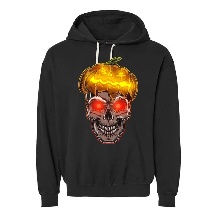 Spooky Halloween Glowing Pumpkin Skull Face Garment-Dyed Fleece Hoodie