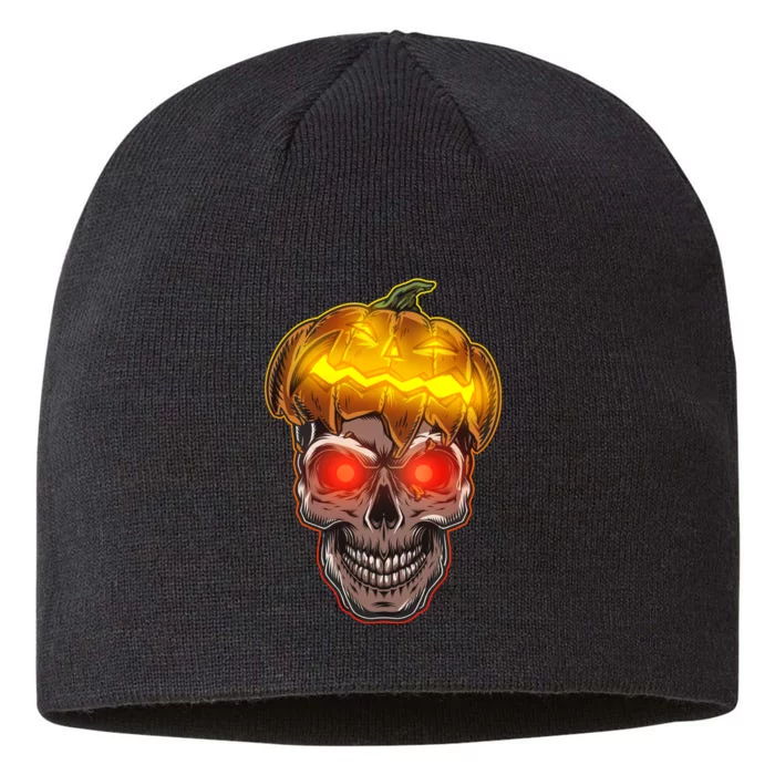 Spooky Halloween Glowing Pumpkin Skull Face 8 1/2in Sustainable Knit Beanie