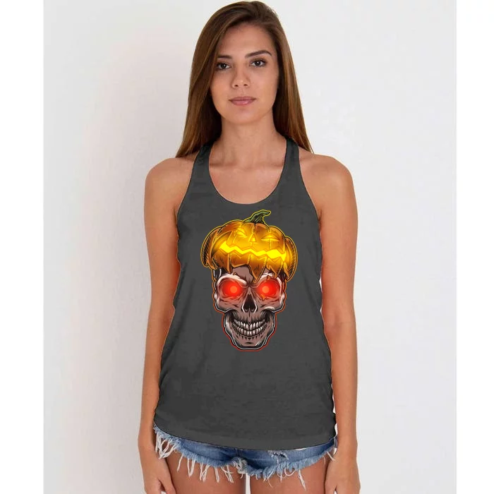 Spooky Halloween Glowing Pumpkin Skull Face Women's Knotted Racerback Tank