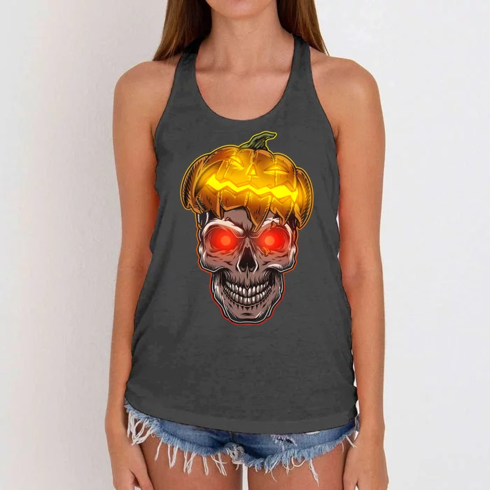 Spooky Halloween Glowing Pumpkin Skull Face Women's Knotted Racerback Tank