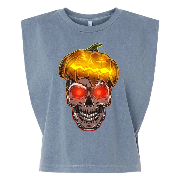 Spooky Halloween Glowing Pumpkin Skull Face Garment-Dyed Women's Muscle Tee