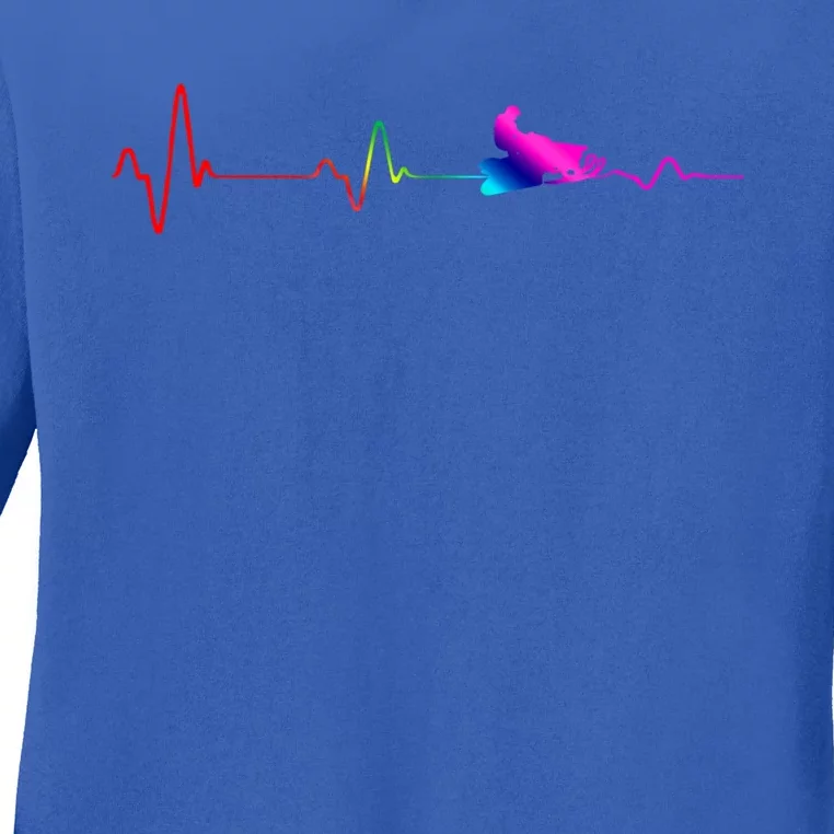 Snowmobile Heartbeat Gift Ekg Pulse Snowmobiling Braap Gift Ladies Long Sleeve Shirt