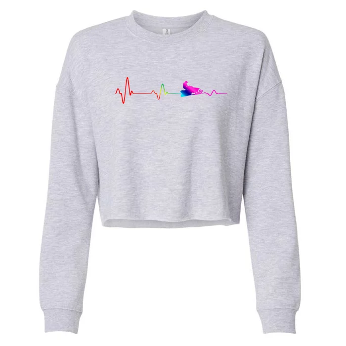 Snowmobile Heartbeat Gift Ekg Pulse Snowmobiling Braap Gift Cropped Pullover Crew