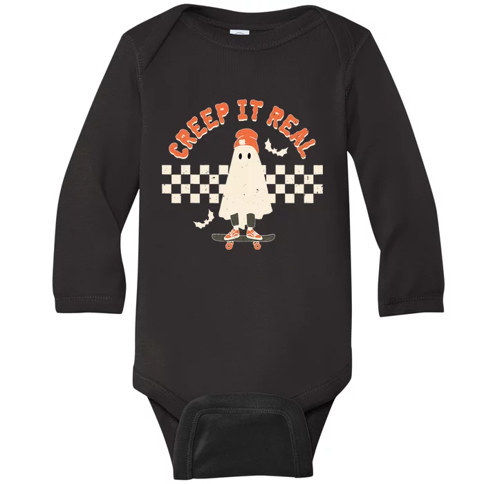 Spooky Halloween Ghost Design - Retro Vintage Style Baby Long Sleeve Bodysuit