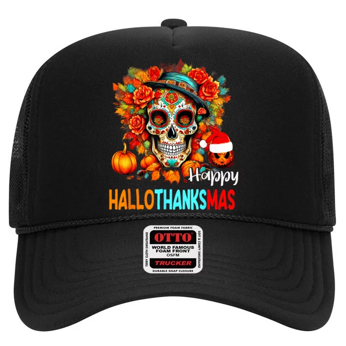 Special Happy Hallothanksmas Special Sugar Skull Halloween High Crown Mesh Trucker Hat