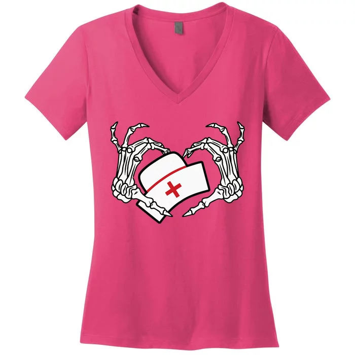 Skeleton Hand Heart Lazy DIY Halloween Costume Nurse RN Women's V-Neck T-Shirt