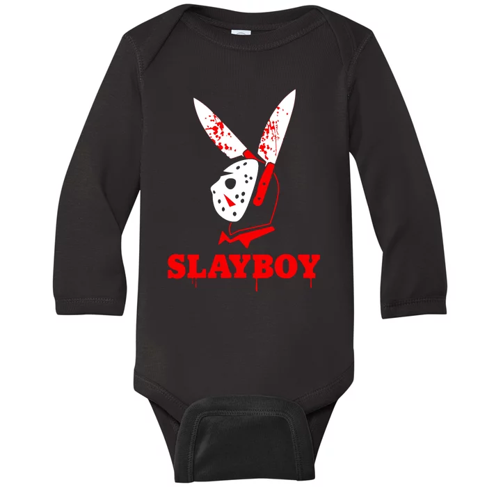 Scary Halloween Horror Slay Boy Hockey Mask Parody Baby Long Sleeve Bodysuit