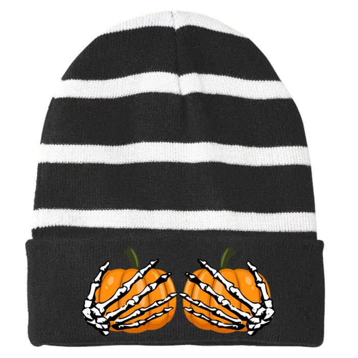 Skeleton Hands Holding Pumpkin Tits Striped Beanie with Solid Band