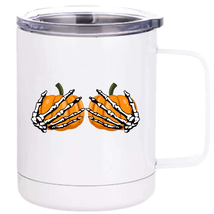 Skeleton Hands Holding Pumpkin Tits Front & Back 12oz Stainless Steel Tumbler Cup