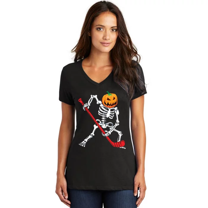 Skeleton Hockey Halloween Pumpkin Women's V-Neck T-Shirt