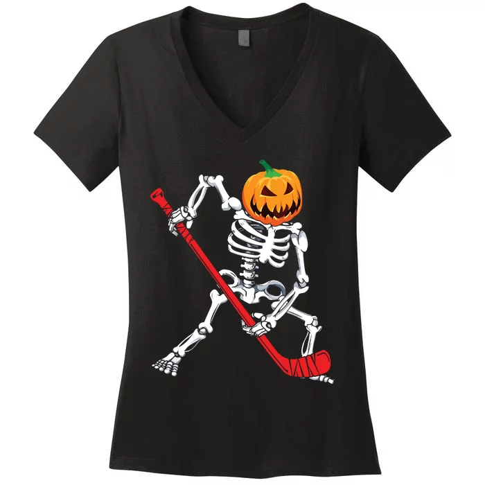 Skeleton Hockey Halloween Pumpkin Women's V-Neck T-Shirt