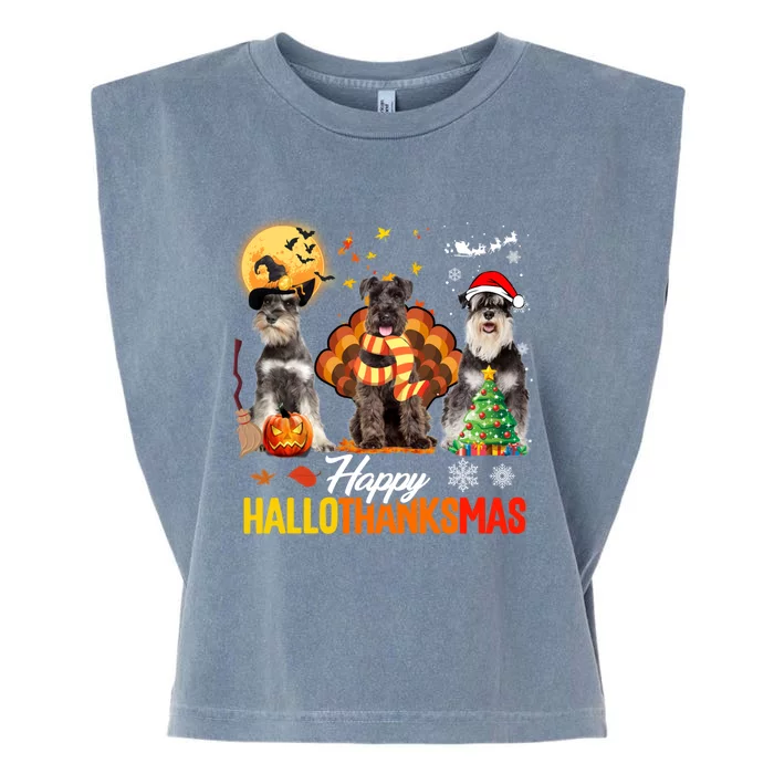 Schnauzer Happy Hallothanksmas Halloween Thanksgiving Xmas Cool Gift Garment-Dyed Women's Muscle Tee