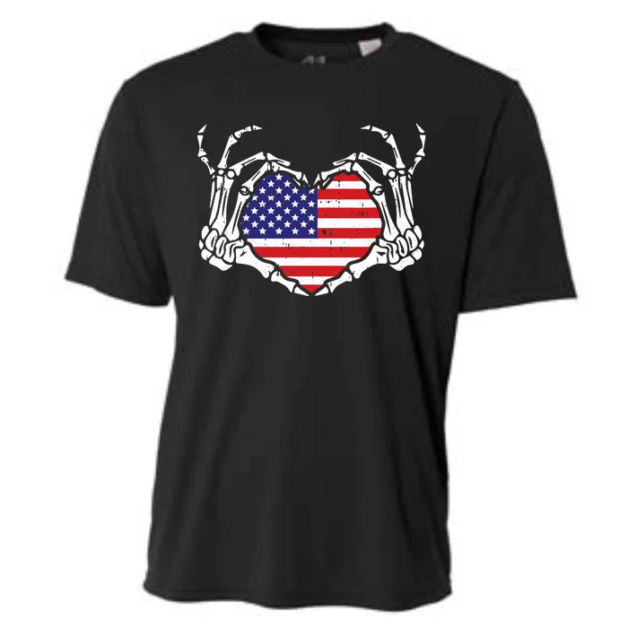 Skeleton Hand Heart 4th Of July Love American Flag Patriotic Cooling Performance Crew T-Shirt