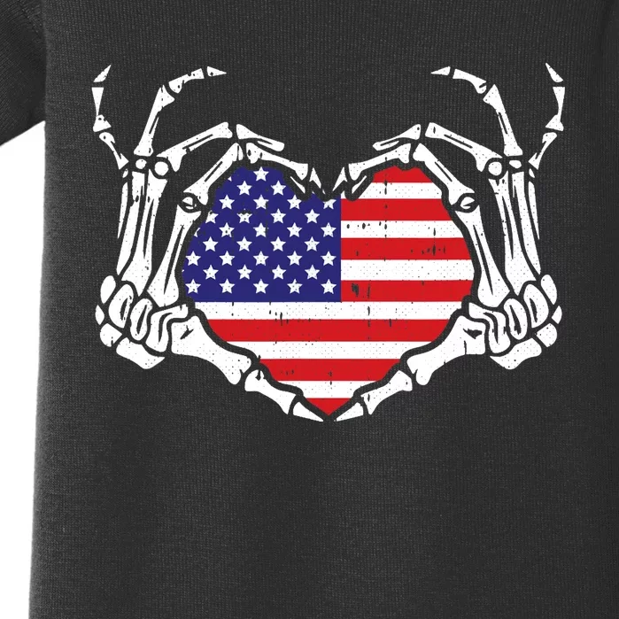 Skeleton Hand Heart 4th Of July Love American Flag Patriotic Baby Bodysuit